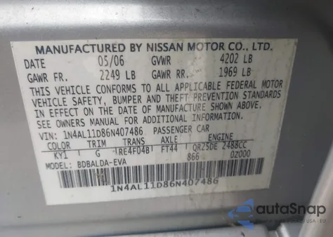 2006 Nissan Altima 2.5 S z USA, uszkodzony, nr VIN 1N4AL11D86N407486